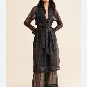 Anthropologie Plaid Sheer Trench Coat - Blue and Brown
